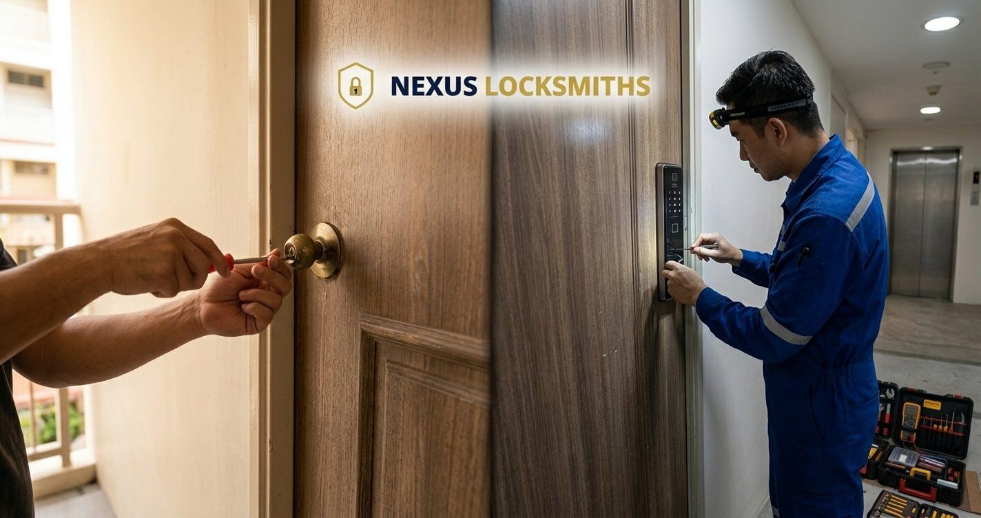 DIY vs locksmith in Singapore: a homeowner tightening a doorknob with a screwdriver on one side, and a Nexus Locksmiths technician servicing a digital door lock on the other.