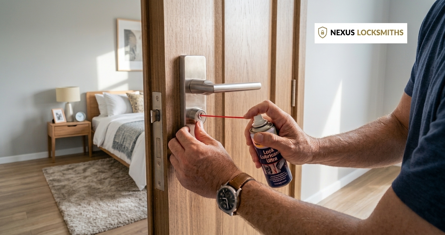 Nexus Locksmiths technician applying lubricant to a bedroom door lock in a Singapore home