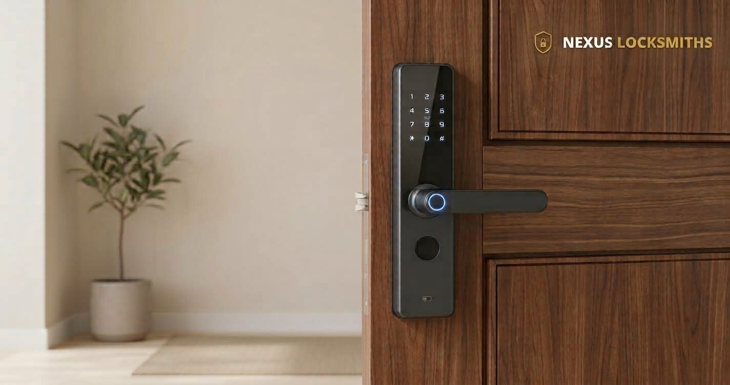 Black digital lock with keypad and handle installed on a wooden door in a Singapore home