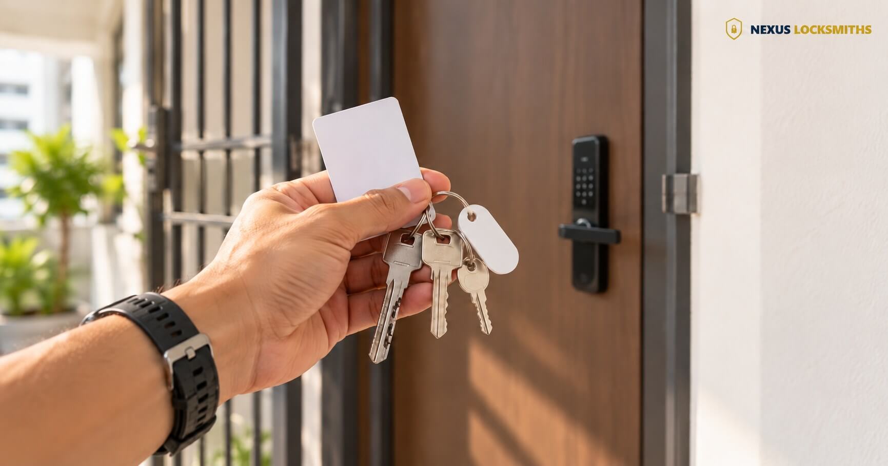 New homeowner holding keys and an access card outside the front door of a resale home in Singapore