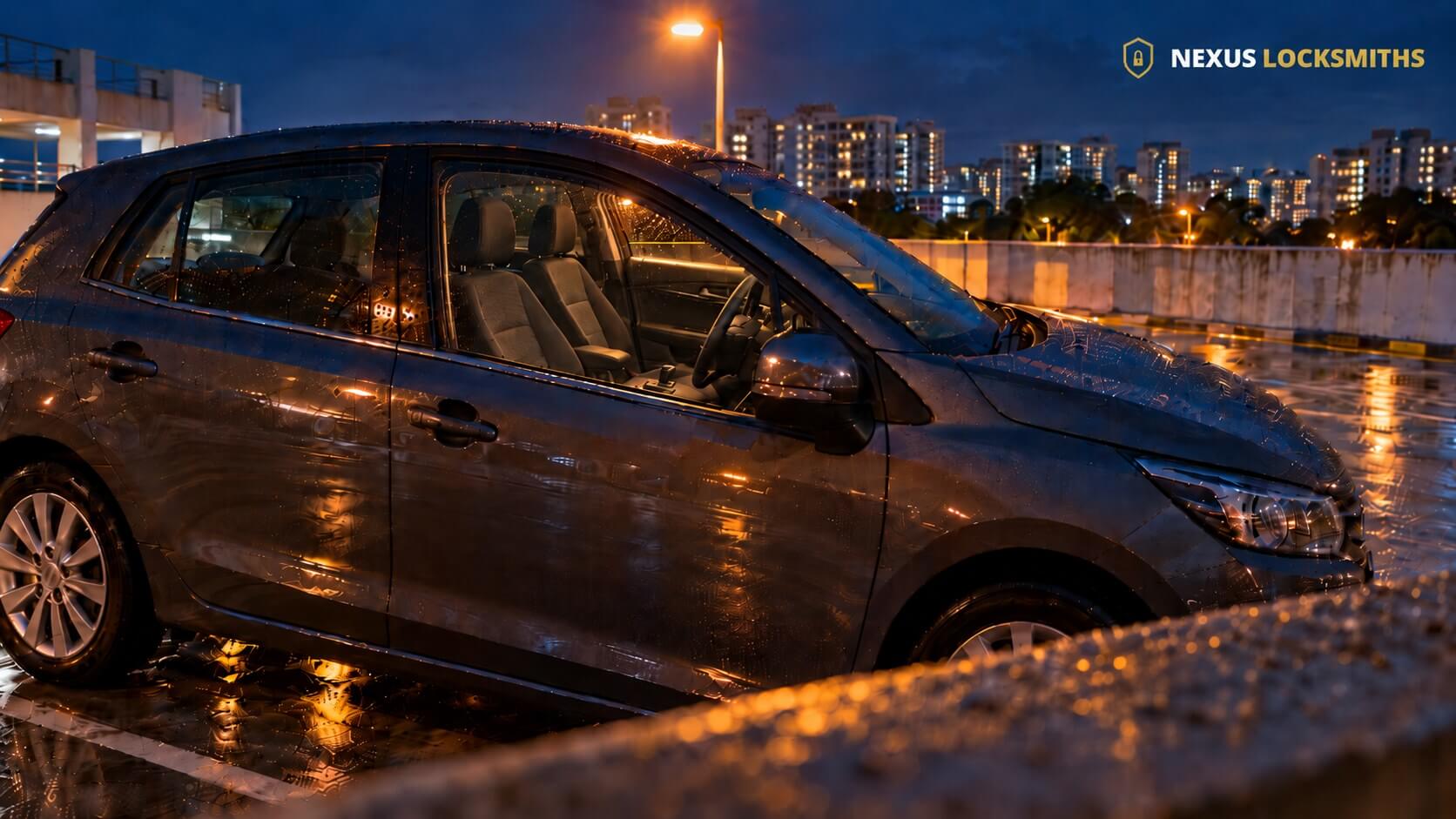 Car parked overnight in a rainy Singapore multi-storey car park, illustrating a late-night car lockout